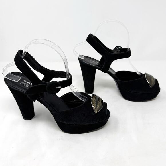 [Sonia Rykiel] Black Gold Lips Suede Leather Open Toe Platform Heels Sz 38 US 8 - Picture 5 of 12